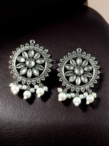 Premium Silver Plated Round Stud Earrings | Stone & Pearl Work Ethnic Best Designer Jewelry For Girls - color: "White"