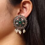 Premium Silver Plated Round Stud Earrings | Stone & Pearl Work Ethnic Best Designer Jewelry For Girls