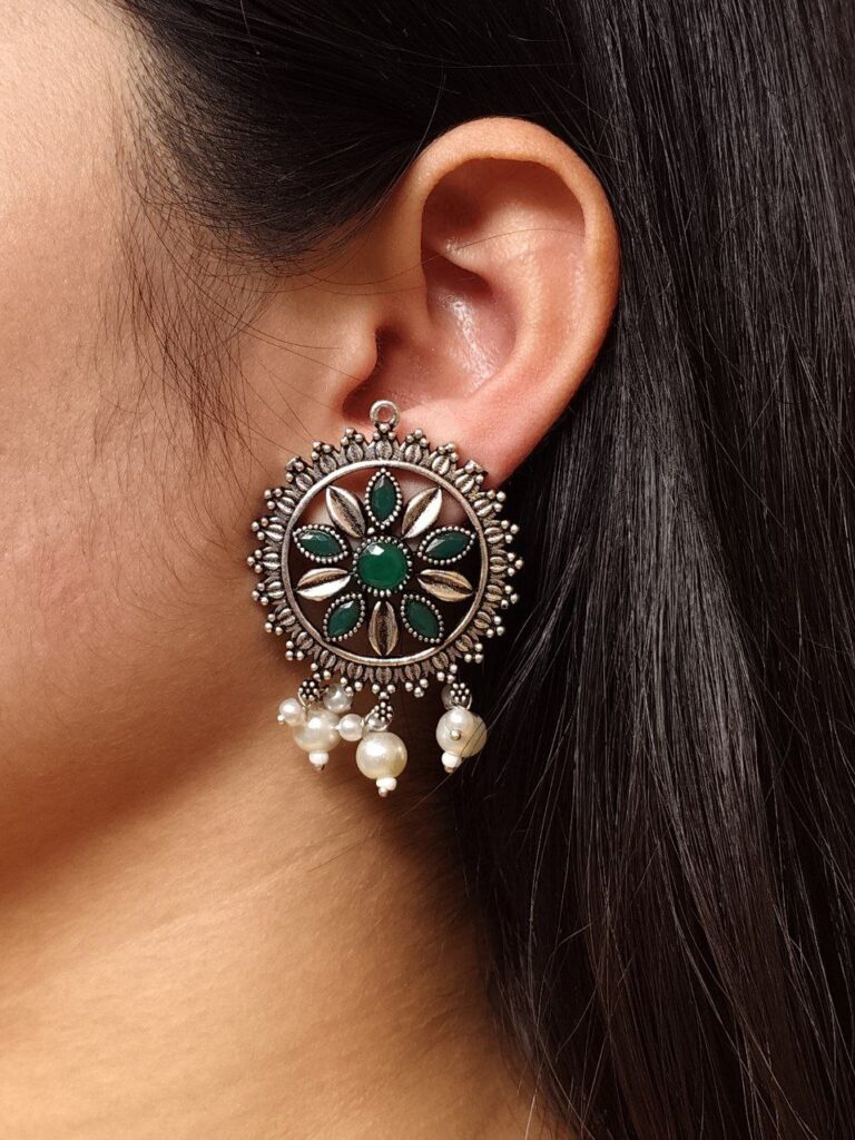 Premium Silver Plated Round Stud Earrings | Stone & Pearl Work Ethnic Best Designer Jewelry For Girls