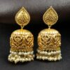Floral art gold plated jhumka earrings with stone and pearl detailing