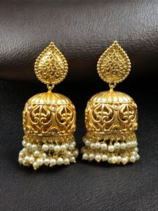 Trendy Floral Art Gold Plated Jhumka Earrings | Stone & Pearl Detailing Ethnic Dangler Amazing Jewelry - color: "White"