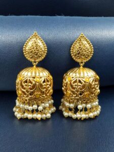 Trendy Floral Art Gold Plated Jhumka Earrings | Stone & Pearl Detailing Ethnic Dangler Amazing Jewelry - color: "Yellow"