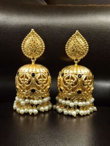 Trendy Floral Art Gold Plated Jhumka Earrings | Stone & Pearl Detailing Ethnic Dangler Amazing Jewelry - color: "Black"