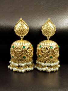 Trendy Floral Art Gold Plated Jhumka Earrings | Stone & Pearl Detailing Ethnic Dangler Amazing Jewelry - color: "Green"