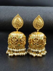 Trendy Floral Art Gold Plated Jhumka Earrings | Stone & Pearl Detailing Ethnic Dangler Amazing Jewelry - color: "Mint"