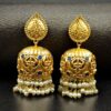 Floral art gold plated jhumka earrings with stone and pearl detailing