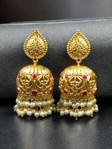 Trendy Floral Art Gold Plated Jhumka Earrings | Stone & Pearl Detailing Ethnic Dangler Amazing Jewelry - color: "Red