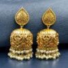 Floral art gold plated jhumka earrings with stone and pearl detailing