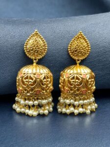 Trendy Floral Art Gold Plated Jhumka Earrings | Stone & Pearl Detailing Ethnic Dangler Amazing Jewelry - color: "Baby Pink"