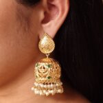 Trendy Floral Art Gold Plated Jhumka Earrings | Stone & Pearl Detailing Ethnic Dangler Amazing Jewelry