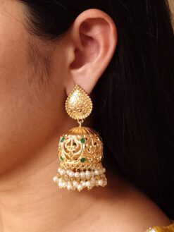 Floral art gold plated jhumka earrings with stone and pearl detailing