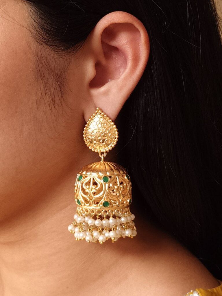 Trendy Floral Art Gold Plated Jhumka Earrings | Stone & Pearl Detailing Ethnic Dangler Amazing Jewelry