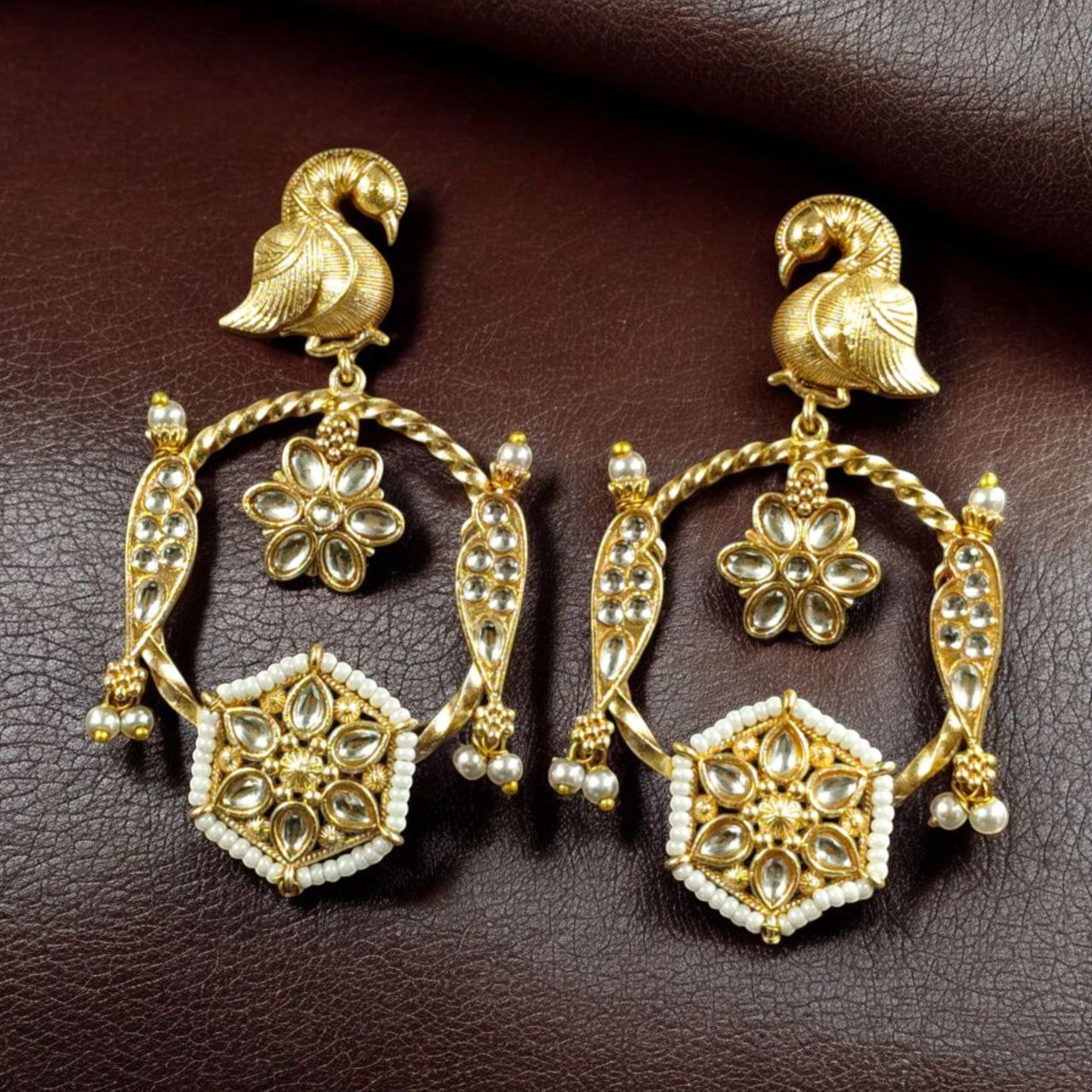 Gold Plated Unique Bird Design Earrings | Stone & Pearl Detailing Ethnic Jewelry For Girls 11 Gold plated bird design earrings with stone and pearl detailing