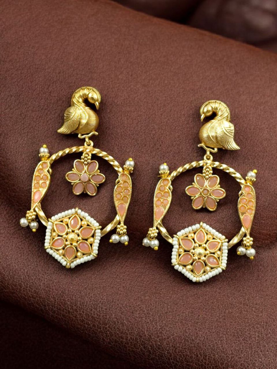 Gold Plated Unique Bird Design Earrings | Stone & Pearl Detailing Ethnic Jewelry For Girls 7 Gold plated bird design earrings with stone and pearl detailing