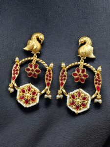 Gold Plated Unique Bird Design Earrings | Stone & Pearl Detailing Ethnic Jewelry For Girls - color: "Red"