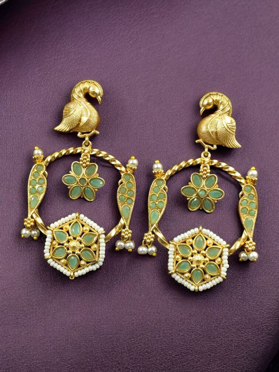 Gold Plated Unique Bird Design Earrings | Stone & Pearl Detailing Ethnic Jewelry For Girls 8 Gold plated bird design earrings with stone and pearl detailing