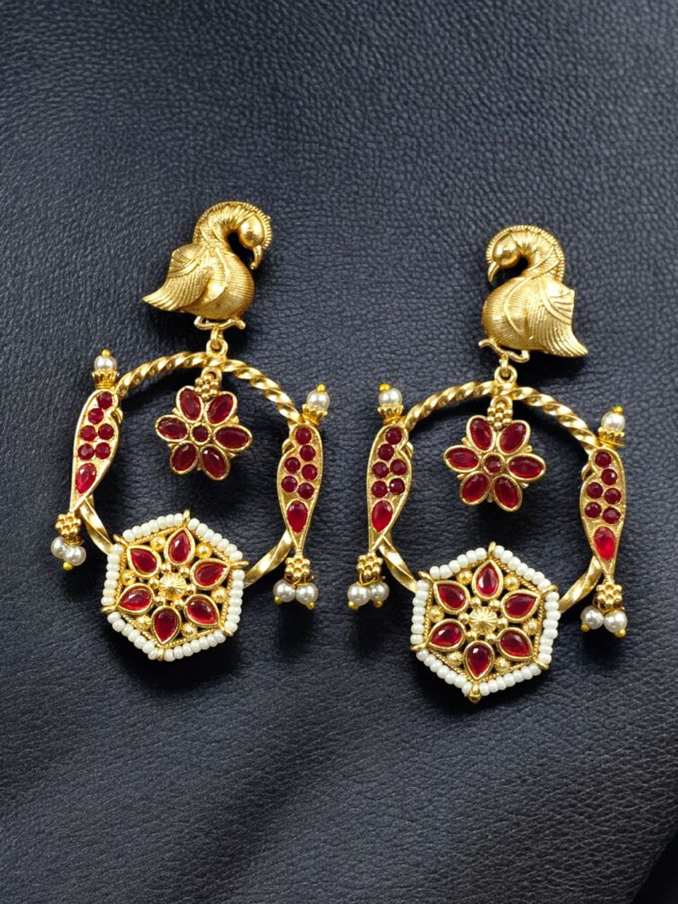 Gold Plated Unique Bird Design Earrings | Stone & Pearl Detailing Ethnic Jewelry For Girls 9 Gold plated bird design earrings with stone and pearl detailing