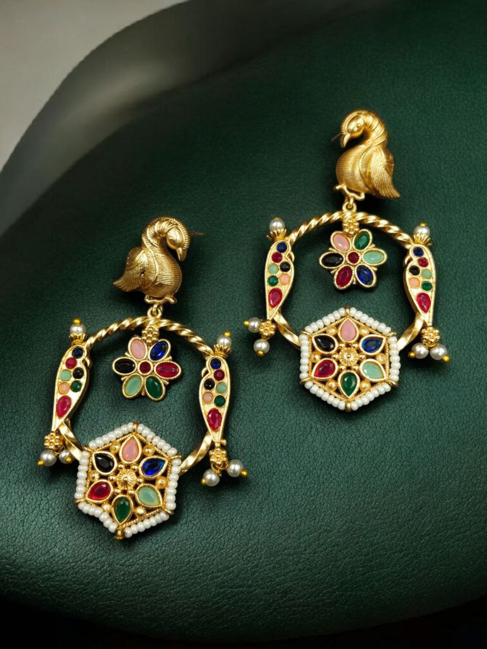 Gold Plated Unique Bird Design Earrings | Stone & Pearl Detailing Ethnic Jewelry For Girls 4 Gold plated bird design earrings with stone and pearl detailing