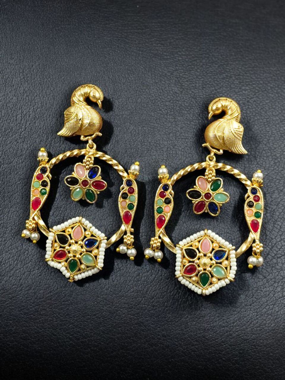 Gold Plated Unique Bird Design Earrings | Stone & Pearl Detailing Ethnic Jewelry For Girls 6 Gold plated bird design earrings with stone and pearl detailing