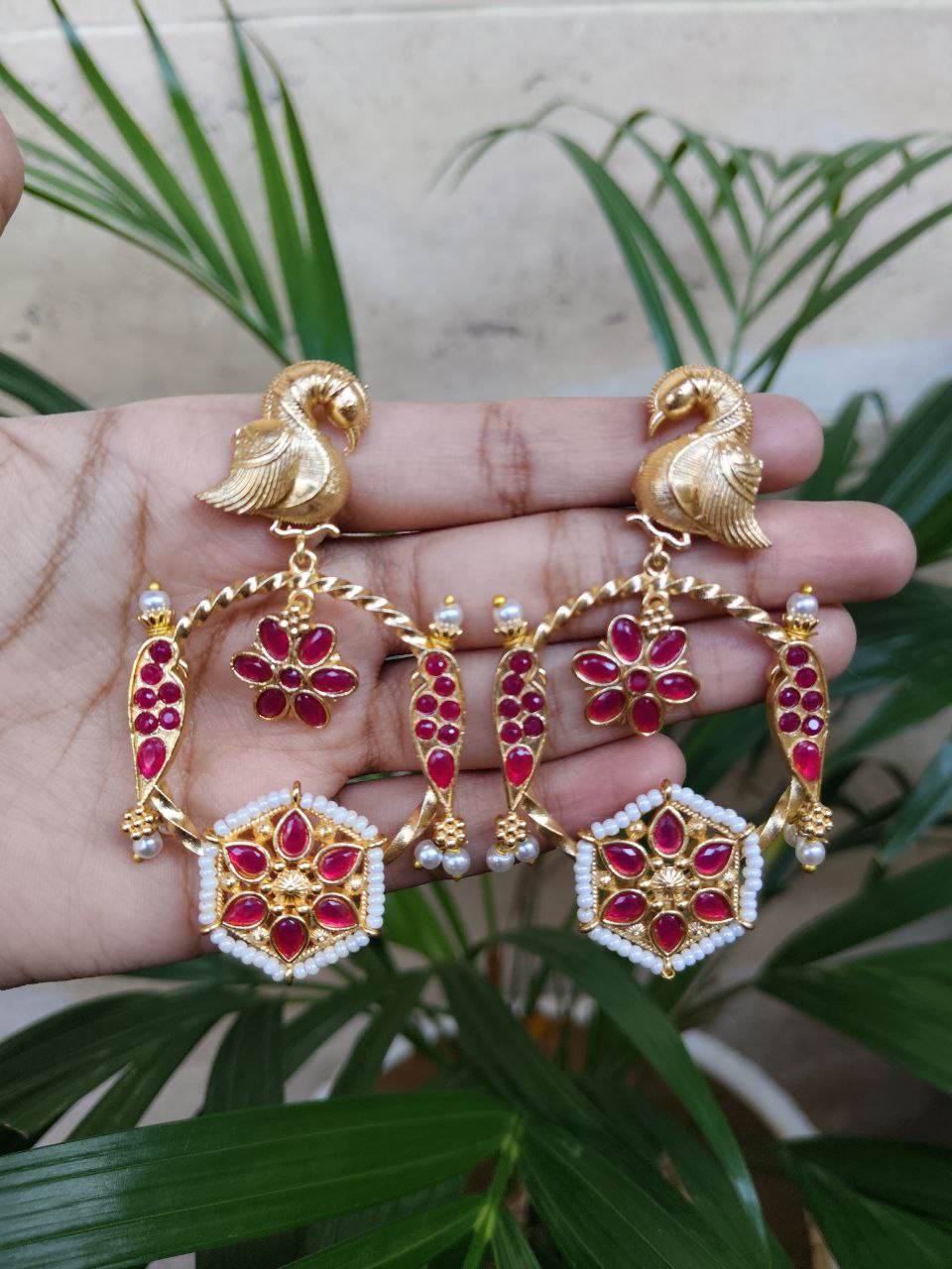 Gold Plated Unique Bird Design Earrings | Stone & Pearl Detailing Ethnic Jewelry For Girls 2 Gold plated bird design earrings with stone and pearl detailing