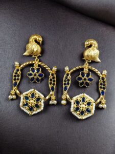Gold Plated Unique Bird Design Earrings | Stone & Pearl Detailing Ethnic Jewelry For Girls - color: "Blue"