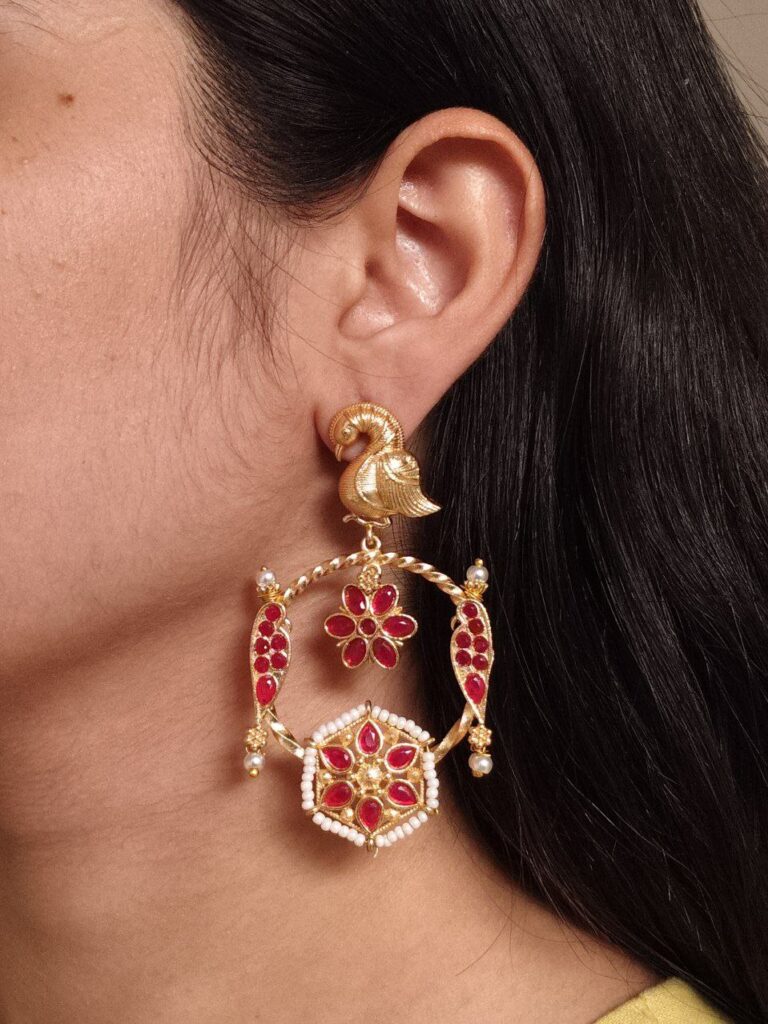 Gold Plated Unique Bird Design Earrings | Stone & Pearl Detailing Ethnic Jewelry For Girls