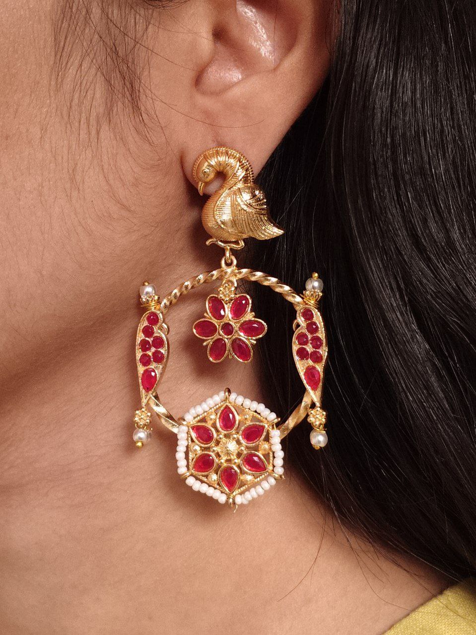 Gold Plated Unique Bird Design Earrings | Stone & Pearl Detailing Ethnic Jewelry For Girls 5 Gold plated bird design earrings with stone and pearl detailing