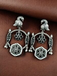 Beautiful Bird Design Earrings | Oxidized Silver Replica Stone & Pearl Work Dangler Jewelry - color: "Black"