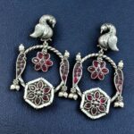 Bulk 52 Beautiful Bird Design Earrings | Oxidized Silver Replica Stone & Pearl Work Dangler Jewelry - "Red"