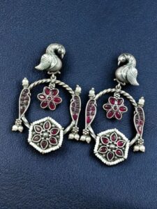 Beautiful Bird Design Earrings | Oxidized Silver Replica Stone & Pearl Work Dangler Jewelry - color: "Red"
