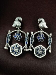 Beautiful Bird Design Earrings | Oxidized Silver Replica Stone & Pearl Work Dangler Jewelry - color: "Blue"