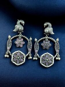 Beautiful Bird Design Earrings | Oxidized Silver Replica Stone & Pearl Work Dangler Jewelry - color: "Baby Pink"