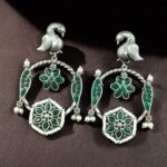 Bulk 54 Beautiful Bird Design Earrings | Oxidized Silver Replica Stone & Pearl Work Dangler Jewelry - "Green"