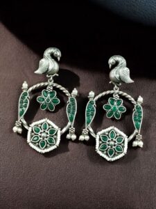 Beautiful Bird Design Earrings | Oxidized Silver Replica Stone & Pearl Work Dangler Jewelry - color: "Green"