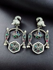 Beautiful Bird Design Earrings | Oxidized Silver Replica Stone & Pearl Work Dangler Jewelry - color: "Multi"