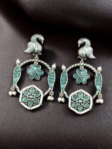 Beautiful Bird Design Earrings | Oxidized Silver Replica Stone & Pearl Work Dangler Jewelry - color: "Mint"
