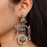 Beautiful Bird Design Earrings | Oxidized Silver Replica Stone & Pearl Work Dangler Jewelry