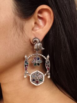 Oxidized silver bird design earrings with stone and pearl work