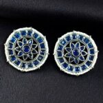 Bulk 38 Handcrafted Oxidized Round Studs Earrings | Pearl & Stone Work Silver Plated Amazing Jewelry - "Blue"