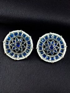 Handcrafted Oxidized Round Studs Earrings | Pearl & Stone Work Silver Plated Amazing Jewelry - color: "Blue"