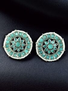 Handcrafted Oxidized Round Studs Earrings | Pearl & Stone Work Silver Plated Amazing Jewelry - color: "Mint"