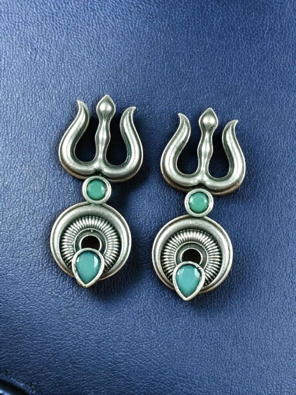 Handcrafted Trishul Stud Earrings | Best Silver Replica Elegant Stone Jewelry 9 Silver replica handcrafted Trishul stud earrings with stone work