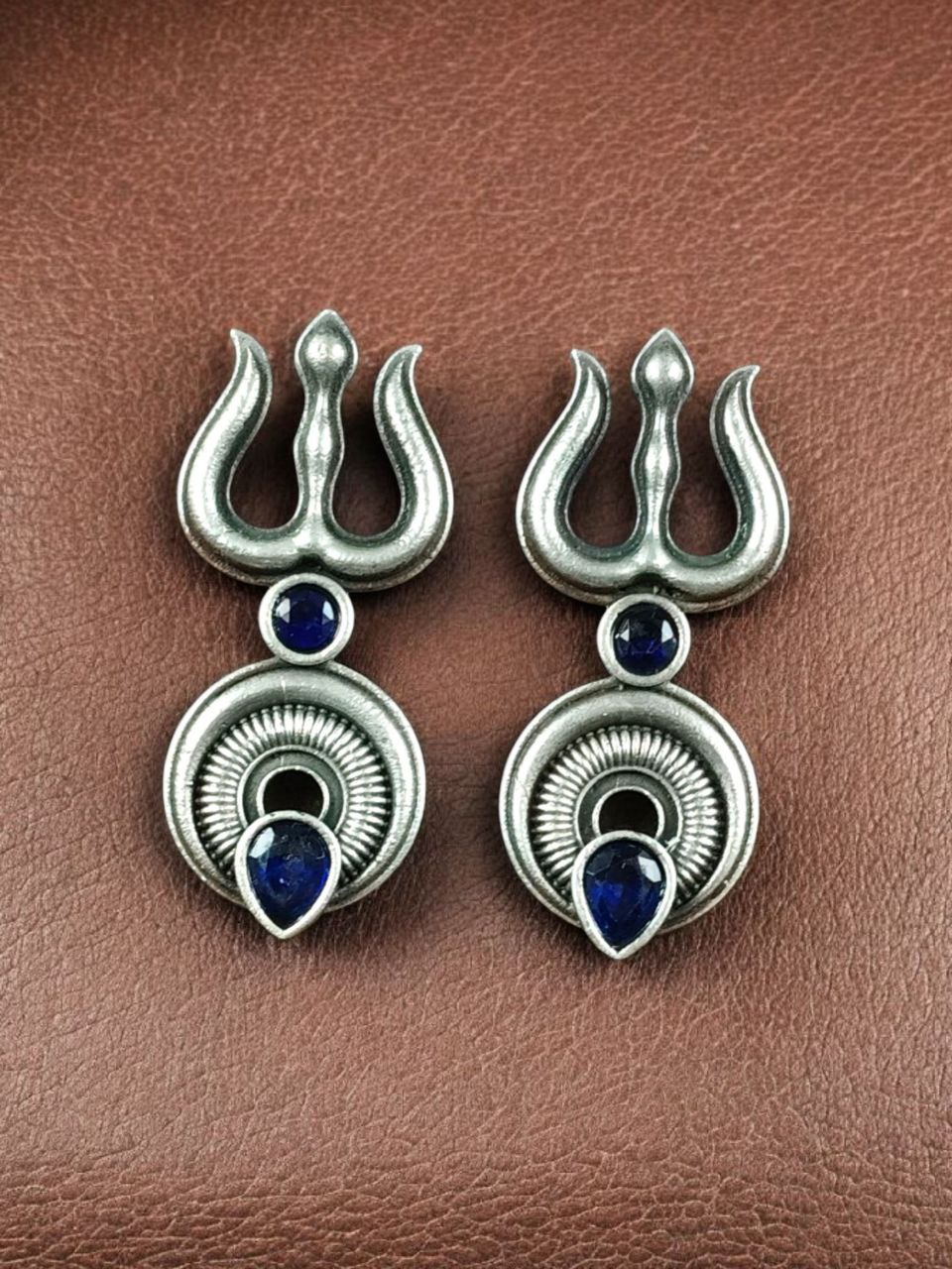 Handcrafted Trishul Stud Earrings | Best Silver Replica Elegant Stone Jewelry 6 Silver replica handcrafted Trishul stud earrings with stone work