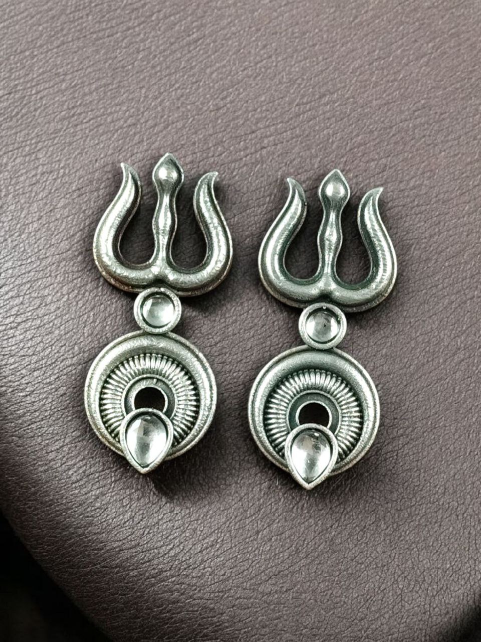 Handcrafted Trishul Stud Earrings | Best Silver Replica Elegant Stone Jewelry 8 Silver replica handcrafted Trishul stud earrings with stone work