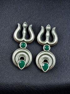 Handcrafted Trishul Stud Earrings | Best Silver Replica Elegant Stone Jewelry - color: "Green"