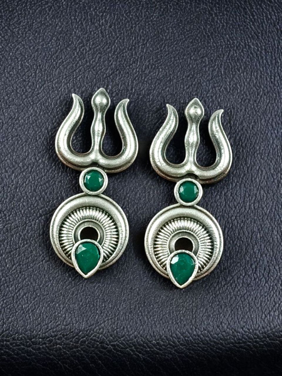Handcrafted Trishul Stud Earrings | Best Silver Replica Elegant Stone Jewelry 5 Silver replica handcrafted Trishul stud earrings with stone work