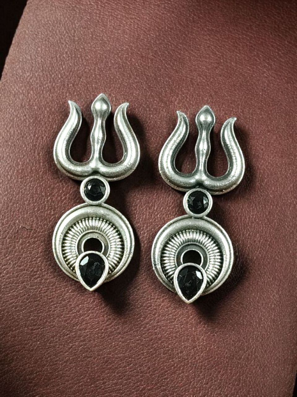 Handcrafted Trishul Stud Earrings | Best Silver Replica Elegant Stone Jewelry 4 Silver replica handcrafted Trishul stud earrings with stone work