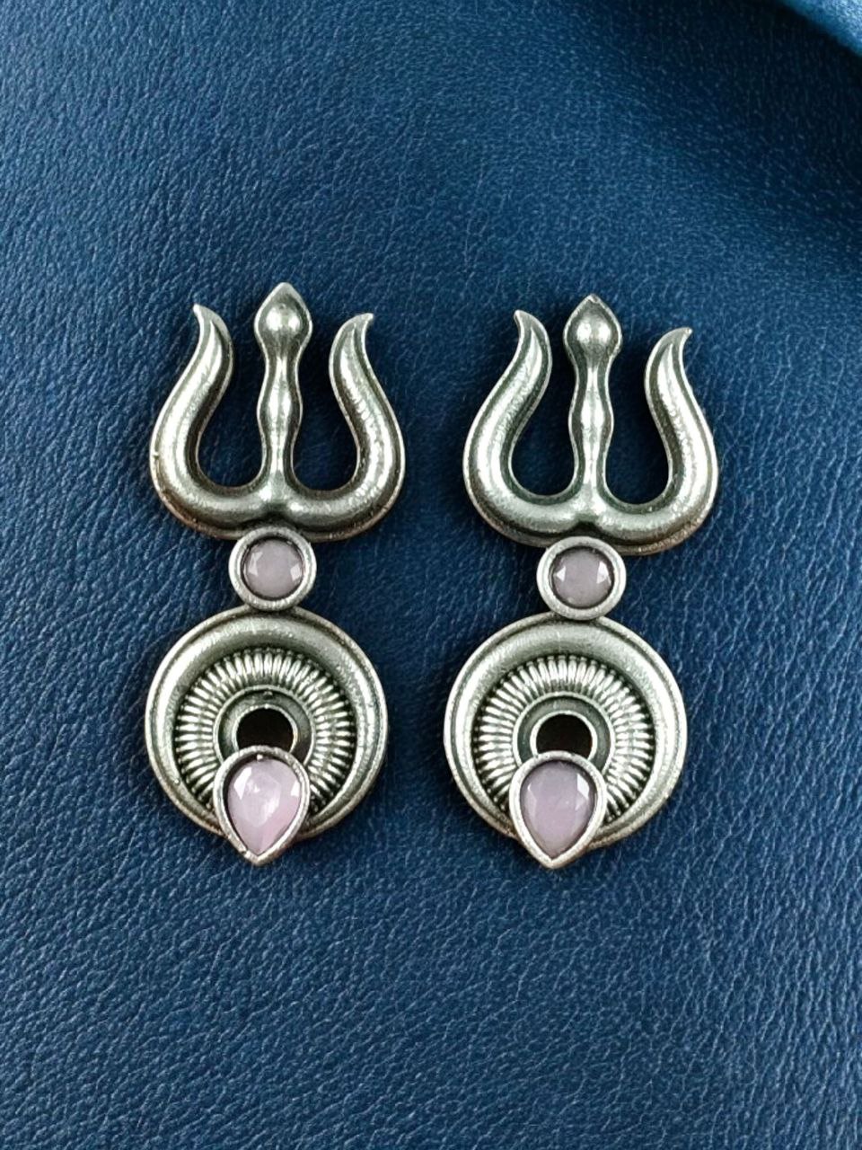 Handcrafted Trishul Stud Earrings | Best Silver Replica Elegant Stone Jewelry 2 Silver replica handcrafted Trishul stud earrings with stone work