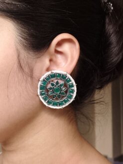 Handcrafted oxidized silver plated round studs earrings with pearl and stone work