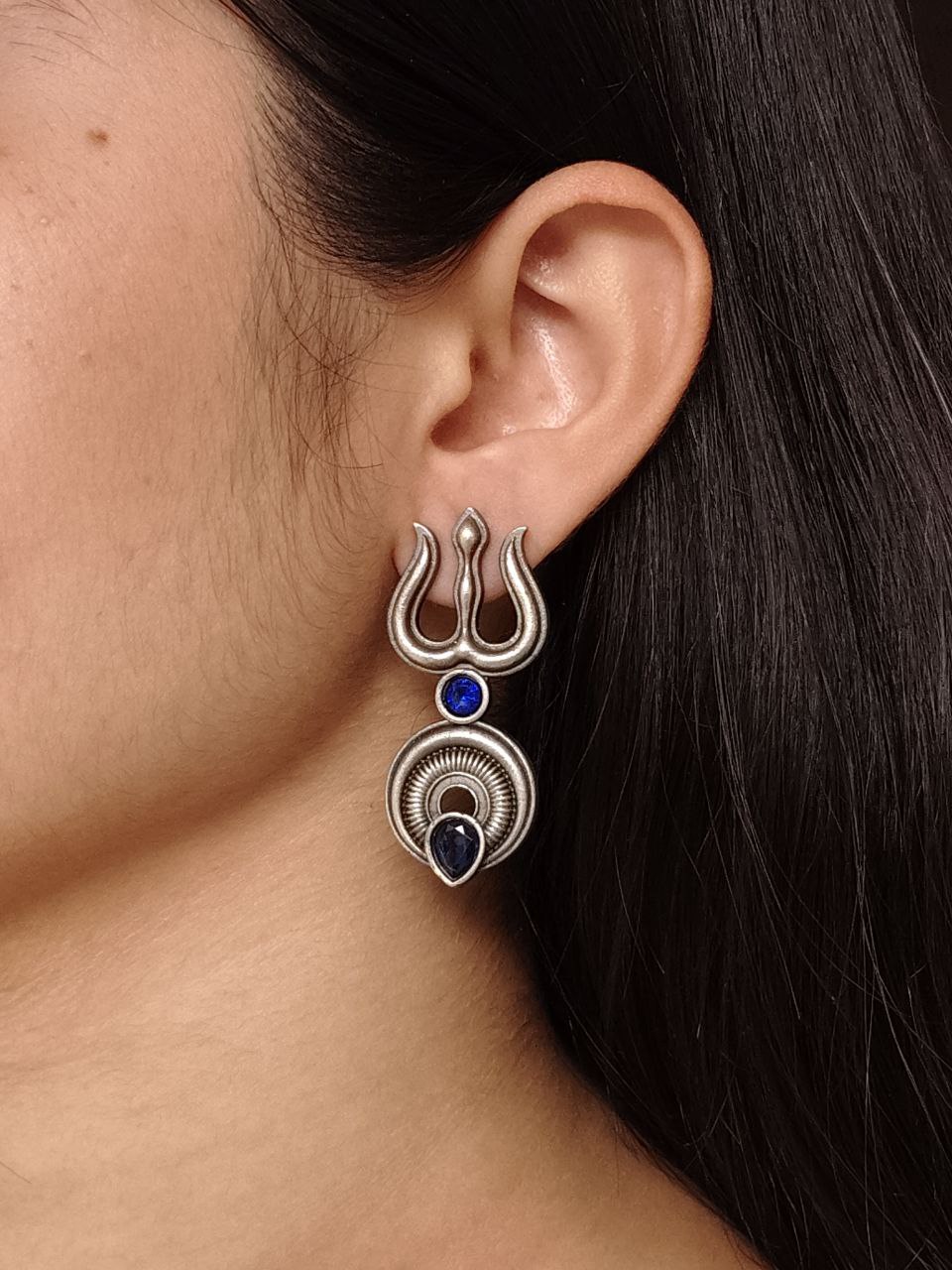 Handcrafted Trishul Stud Earrings | Best Silver Replica Elegant Stone Jewelry 1 Silver replica handcrafted Trishul stud earrings with stone work